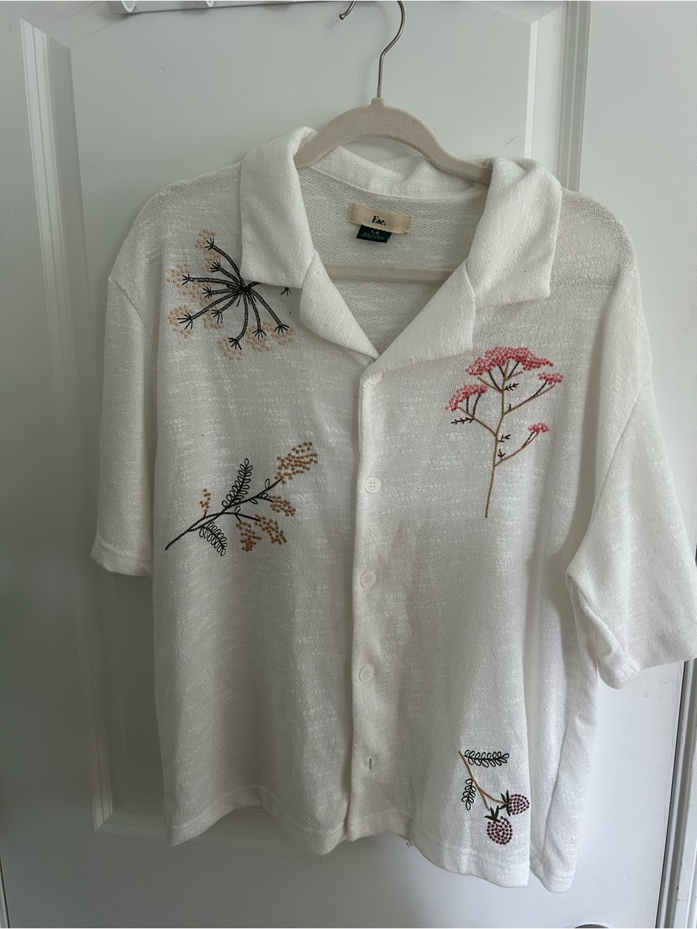 Escape White Short-Sleeve Button-Down Shirt with Pink & Brown Floral Embroidery